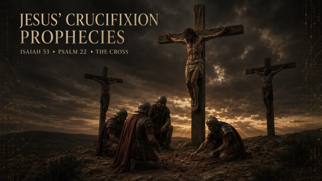 Jesus crucified between two condemned men while Roman soldiers cast lots for His garment beneath the cross.
