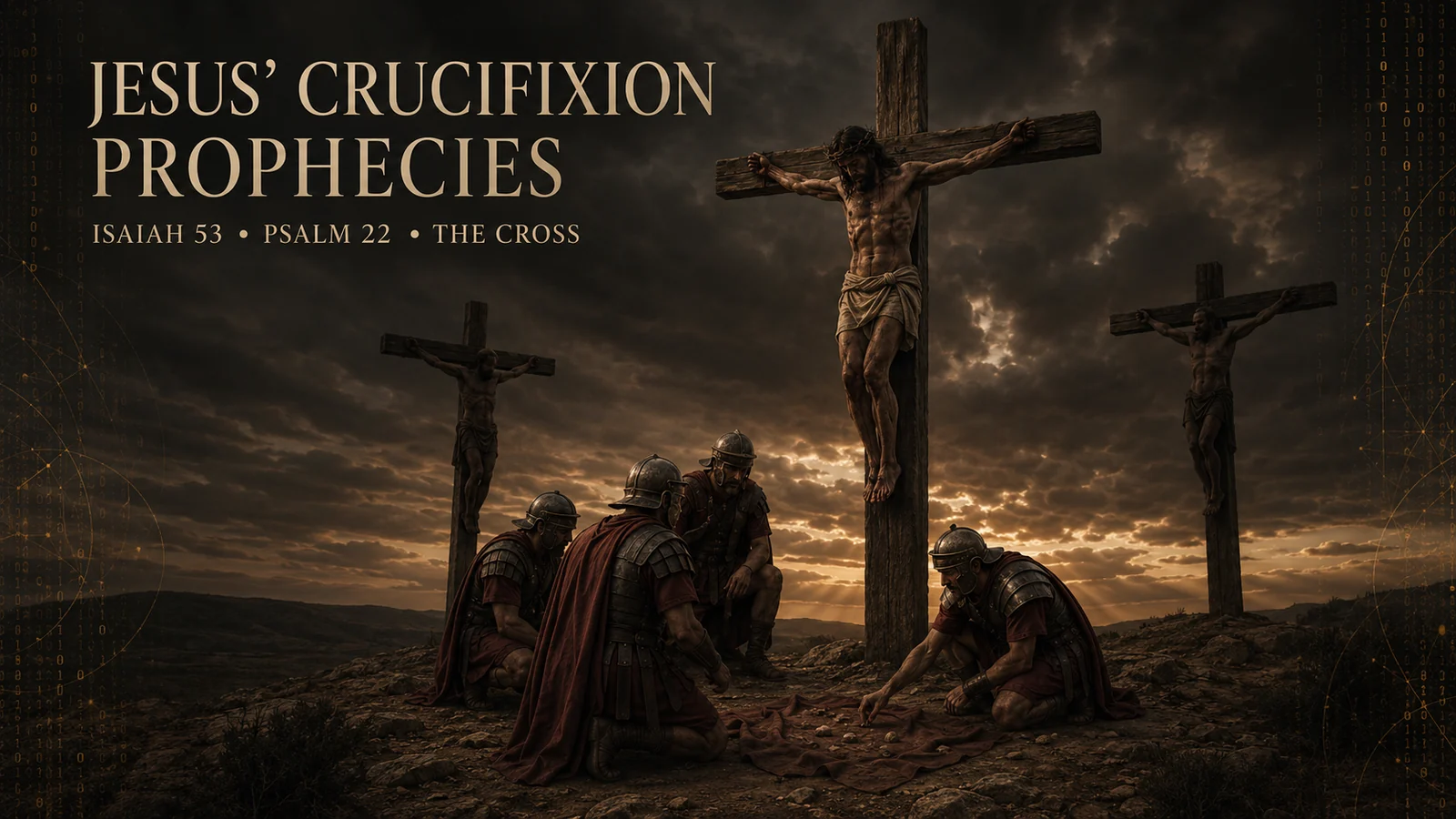 Jesus crucified between two condemned men while Roman soldiers cast lots for His garment beneath the cross.
