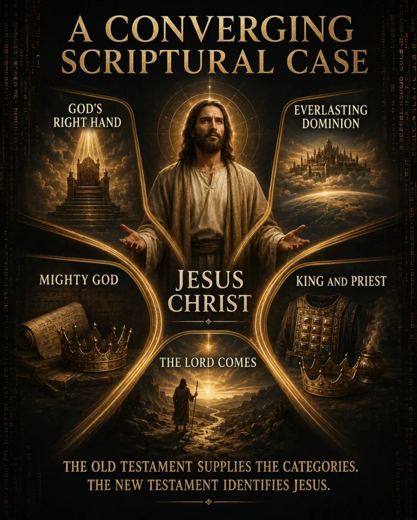 Infographic showing five Old Testament categories—God’s right hand, everlasting dominion, Mighty God, the Lord comes, and King and Priest—converging in Jesus Christ.
