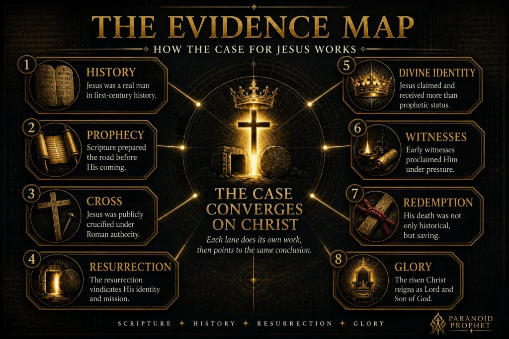 Black and gold Christian infographic showing eight evidence lanes for Jesus—history, prophecy, cross, resurrection, divine identity, witnesses, redemption, and glory—converging on Christ.
