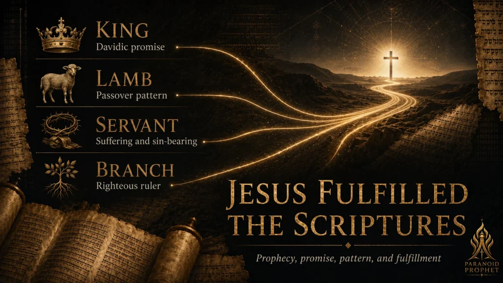 Black and gold Christian editorial image showing King, Lamb, Servant, and Branch themes converging toward the cross as Jesus fulfilled the Scriptures.