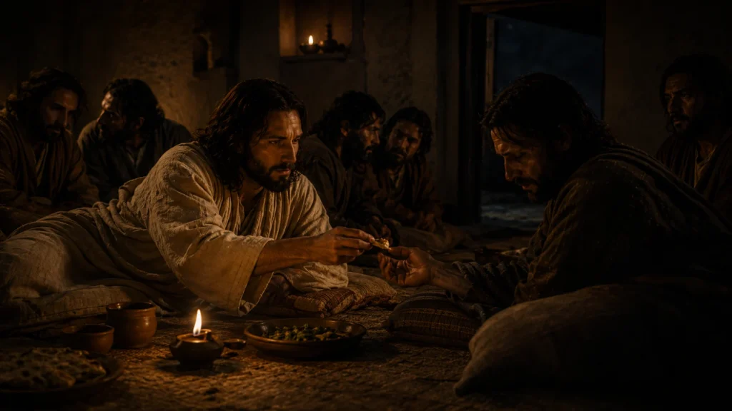 Jesus gives Judas a small piece of bread during the final meal as the other disciples confer and a dark doorway opens behind him.