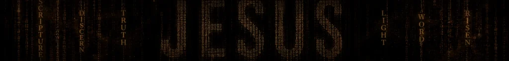 The word Jesus formed from bronze-gold digital code rain on a dark Paranoid Prophet style background.