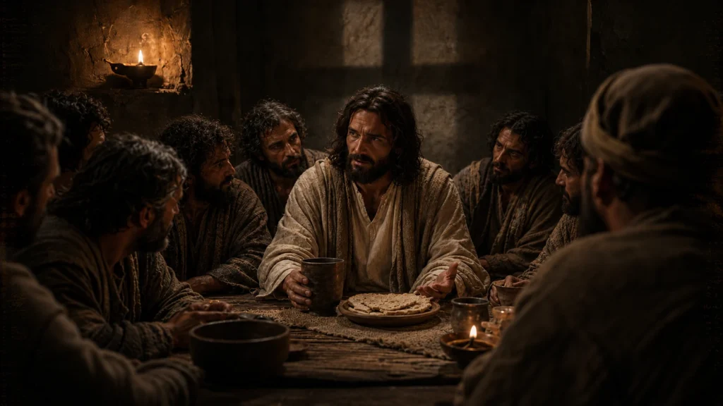 Jesus holds the covenant cup beside broken unleavened bread as His disciples gather around Him at the Last Supper.