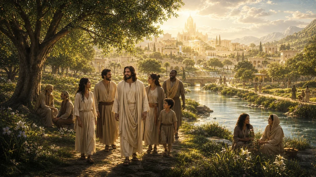 Jesus Christ walking among His redeemed people beside the river and tree of life, with the holy city integrated into the renewed creation.