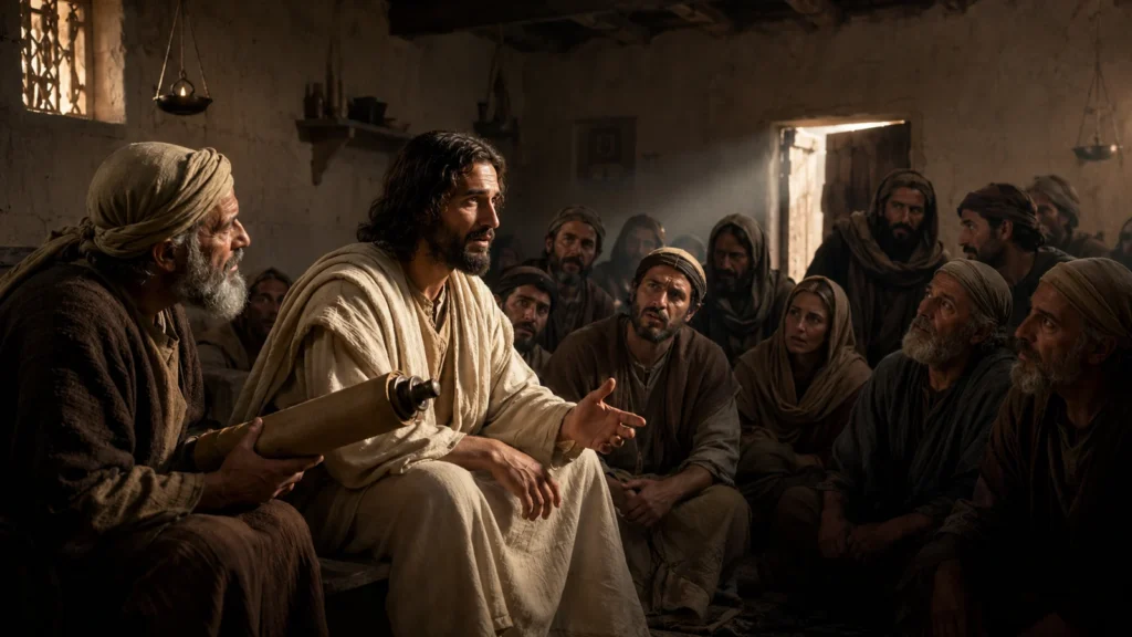 Jesus sits in the Nazareth synagogue after returning the Isaiah scroll as listeners react to His words.