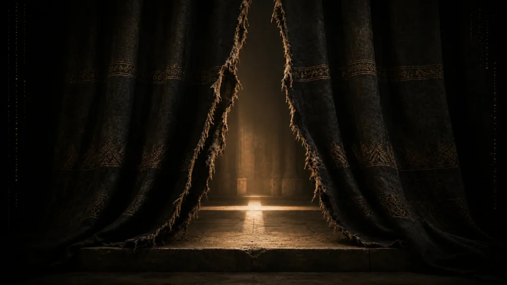 A heavy temple veil torn open to reveal warm light beyond, symbolizing reconciliation and access to God through Jesus Christ.
