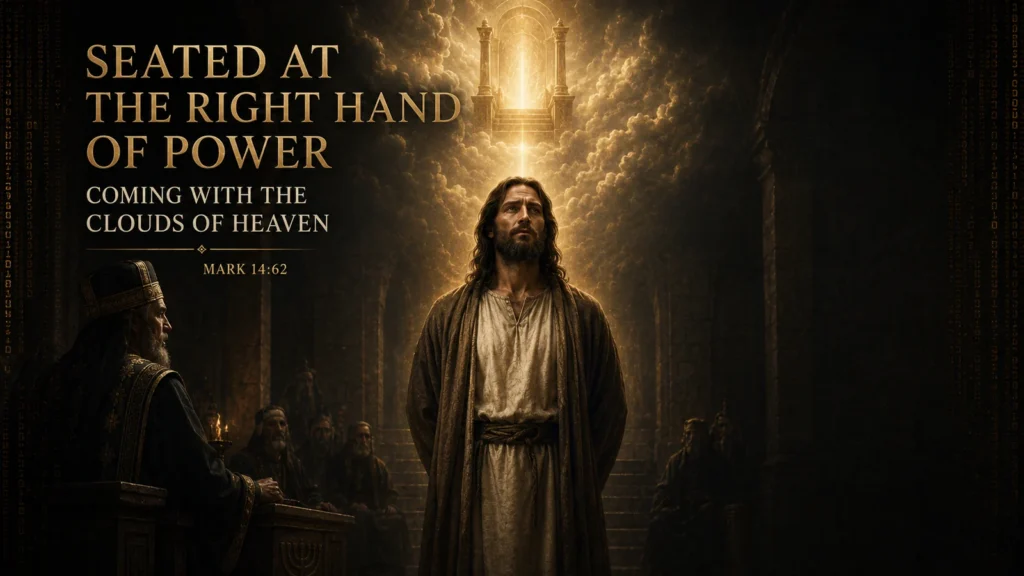 Jesus before the high priest with an empty heavenly throne above, illustrating Mark 14:62 and the Son of Man at God’s right hand.