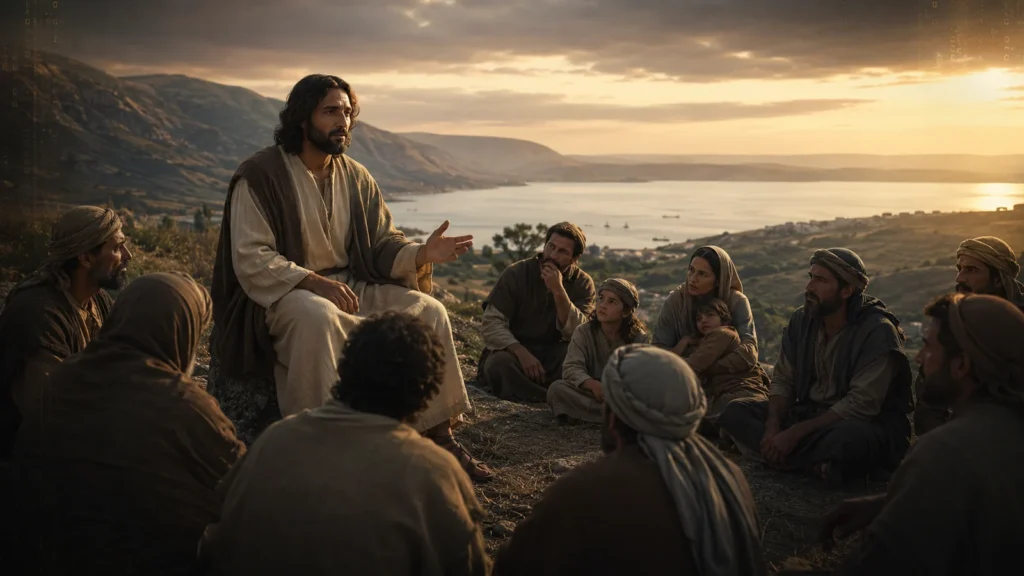 Jesus teaches villagers and families on a Galilean hillside overlooking the sea as morning light spreads across the landscape.