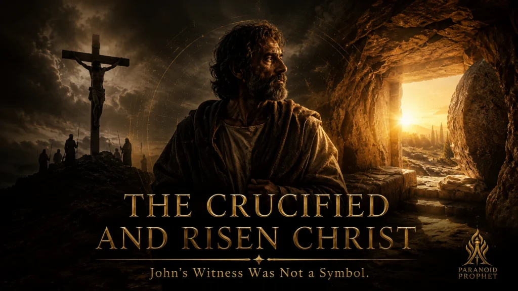 John the Apostle standing between the cross and the empty tomb, symbolizing his witness to the crucified and risen Jesus Christ.