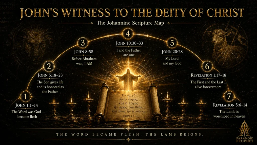 Scripture map showing John’s witness to the deity of Christ through John 1, John 8, John 20, Revelation 1, and Revelation 5.