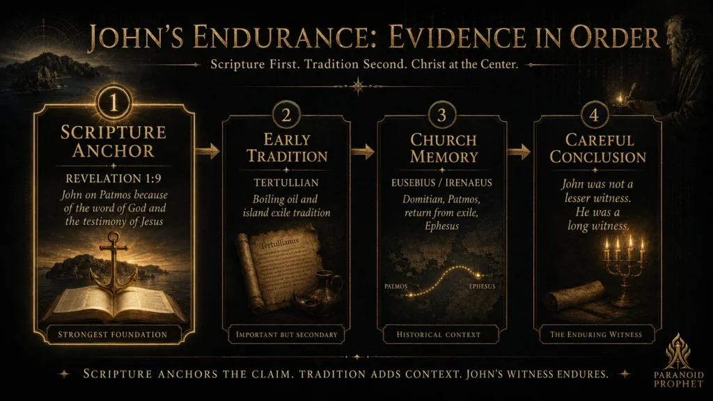 Infographic showing Scripture and early Christian tradition in order for John’s endurance, with Revelation 1:9 as the strongest evidence.