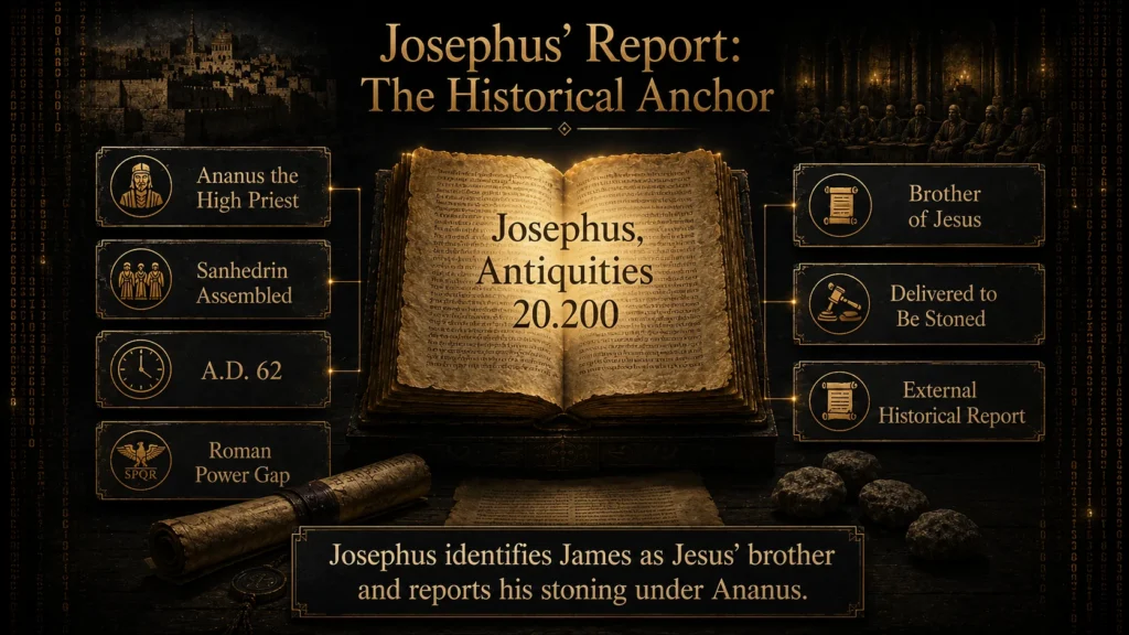 Infographic showing Josephus as the strongest external historical source for James the Just’s death, with Antiquities 20.200, Ananus, the Sanhedrin, A.D. 62, and James identified as Jesus’ brother.