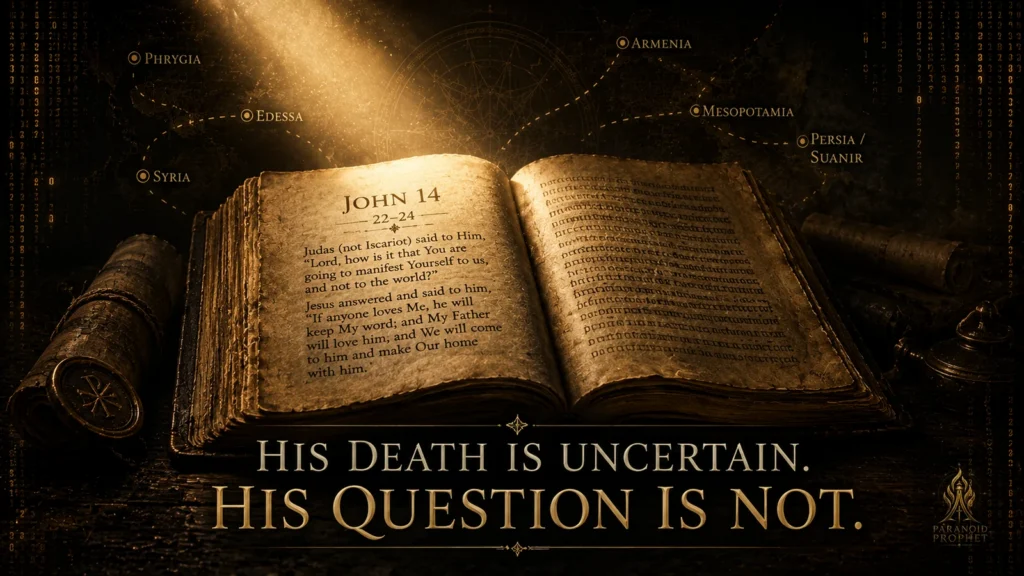 Open manuscript showing John 14:22–24 with the words His death is uncertain, his question is not, summarizing Jude/Thaddaeus’s clear biblical witness and uncertain death tradition.
