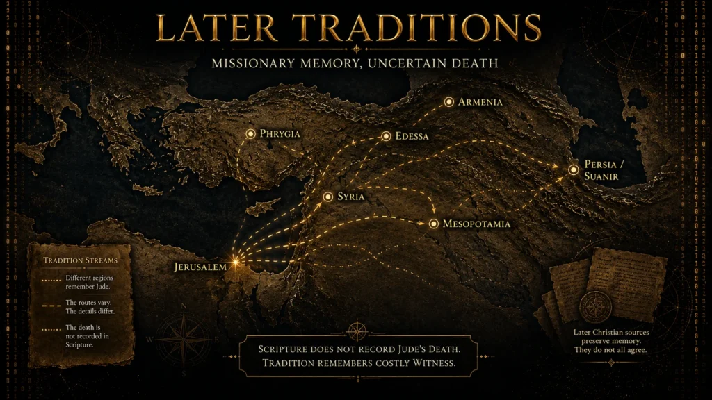 Map showing later traditions about Jude/Thaddaeus pointing toward Persia, Armenia, Edessa, Syria, Mesopotamia, and Phrygia while noting that Scripture does not record his death.
