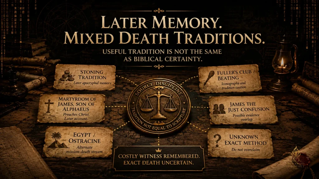 Source discipline graphic showing mixed later death traditions for James son of Alphaeus, including stoning, Egypt or Ostracine, fuller’s club, James the Just confusion, and unknown exact method.