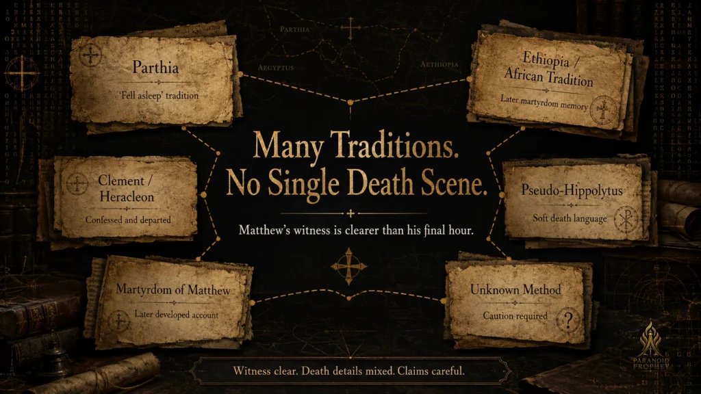 Caution graphic showing fragmented traditions about Matthew’s death, including Parthia, Ethiopia, Clement and Heracleon, Pseudo-Hippolytus, and later martyrdom accounts.