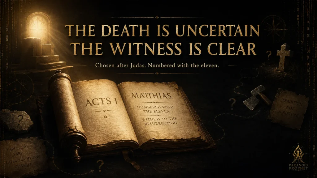 Closing banner for Matthias showing an Acts 1 manuscript with the words The death is uncertain, the witness is clear, and fading symbols of later traditions.