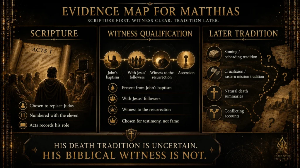 Evidence map for Matthias showing Scripture first, witness qualification, and later tradition, with Acts 1, resurrection witness, and uncertain death accounts.