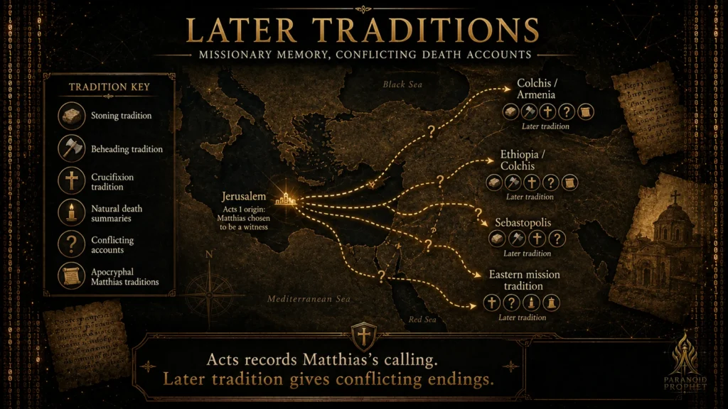 Map of later Matthias traditions showing Jerusalem, Colchis, Armenia, Ethiopia, Sebastopolis, eastern mission routes, and conflicting death accounts.