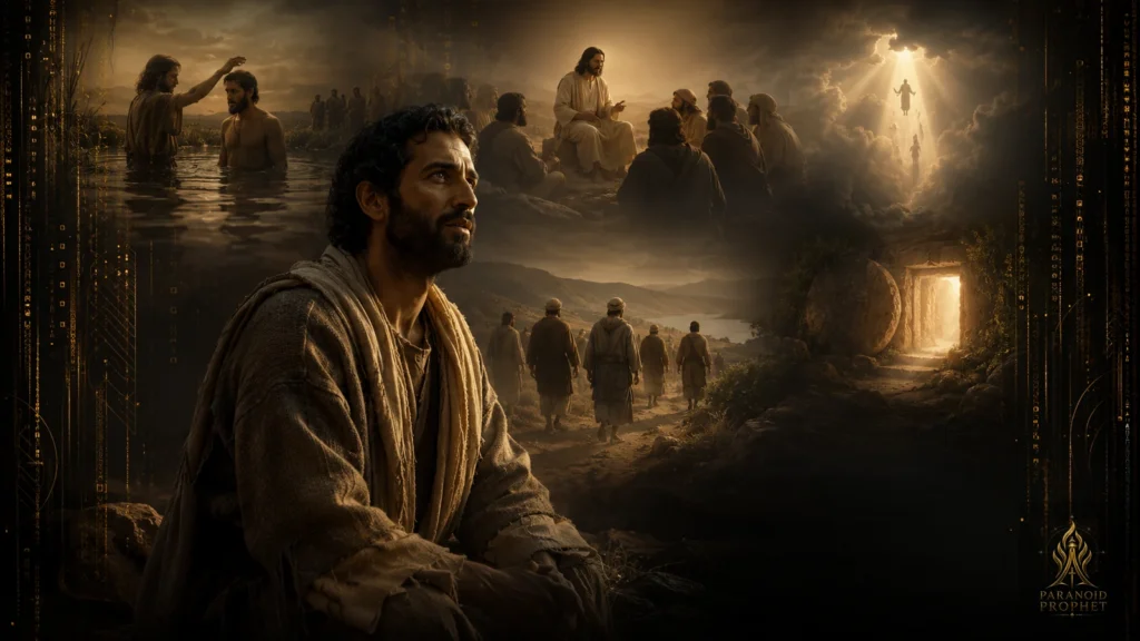 Matthias shown near scenes from Jesus’ ministry, baptism, resurrection, and ascension, illustrating his quiet faithfulness before becoming a resurrection witness.