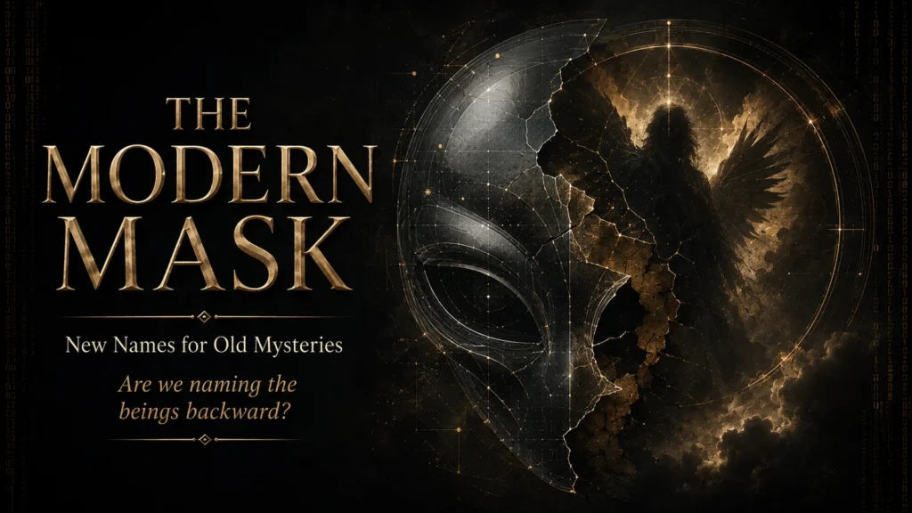 Conceptual illustration of a fractured alien-like mask revealing a shadowed winged being behind it, asking whether modern categories are renaming an older heavenly mystery.