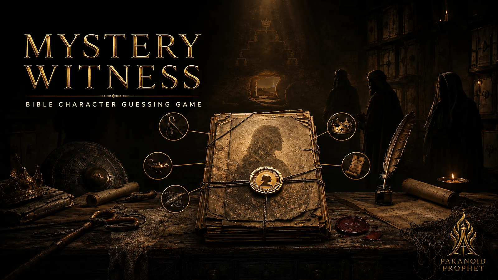 Mystery Witness Bible character guessing game with sealed Scripture evidence files and hidden biblical witnesses