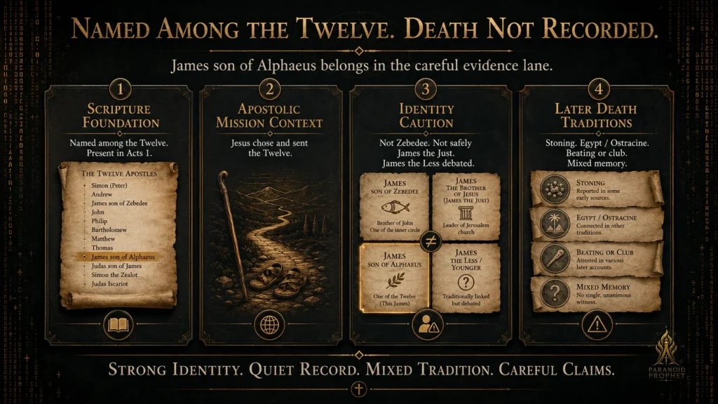 Evidence map showing James son of Alphaeus in four source lanes: Scripture foundation, apostolic mission context, identity caution, and later death traditions.