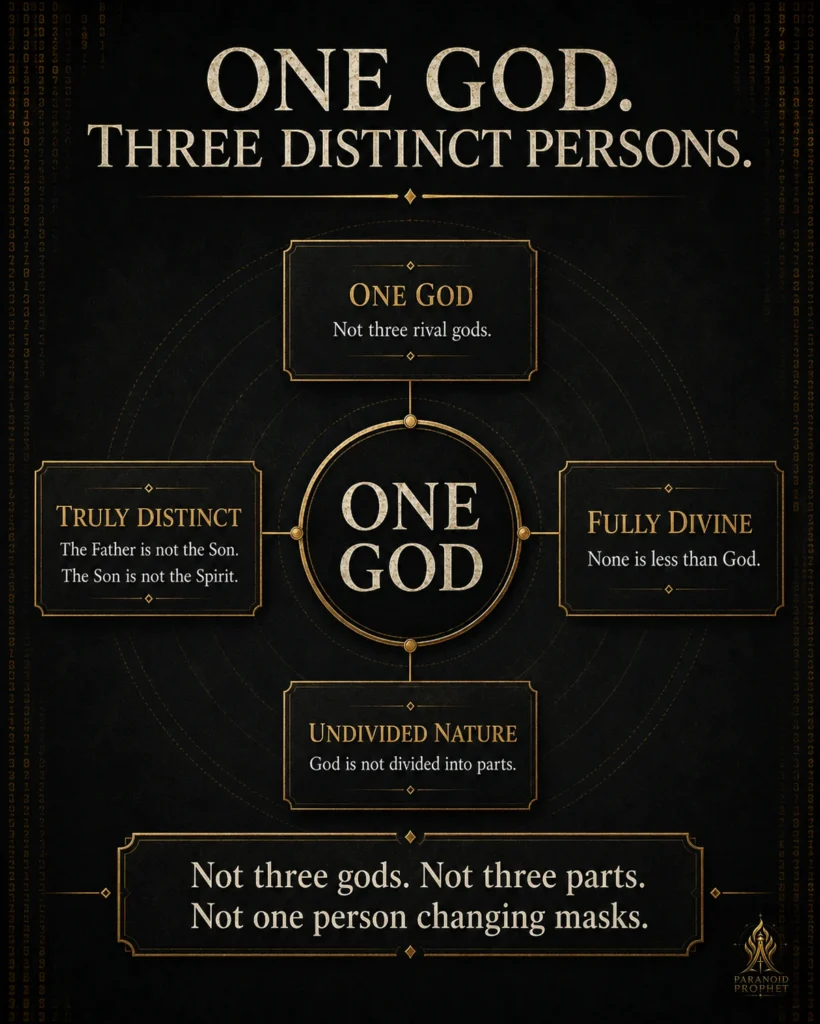 Christian Trinity infographic explaining that God is one while the Father, Son, and Holy Spirit are distinct, fully divine, and not divided into parts.