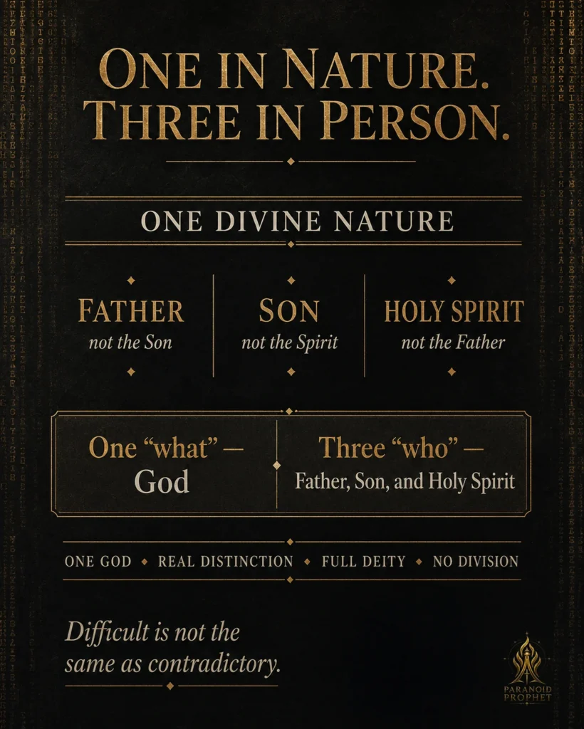 Christian Trinity infographic explaining one divine nature and three distinct persons: Father, Son, and Holy Spirit, with the clarification that God is one “what” and three “who.”