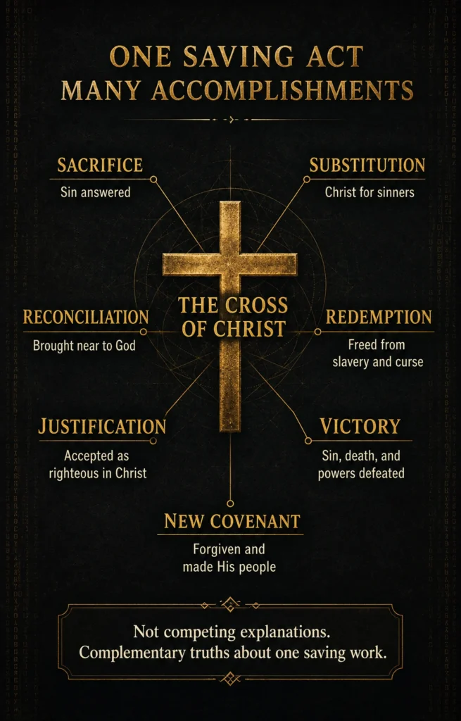 Infographic showing sacrifice, substitution, reconciliation, redemption, justification, victory, and the new covenant flowing from the cross of Christ.
