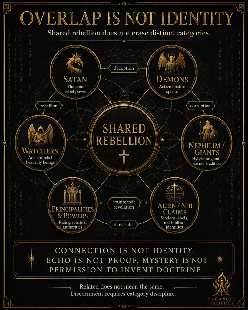 Black and gold infographic showing that Satan, demons, Watchers, Nephilim, principalities, and alien or NHI claims may overlap in shared rebellion without becoming the same category.
