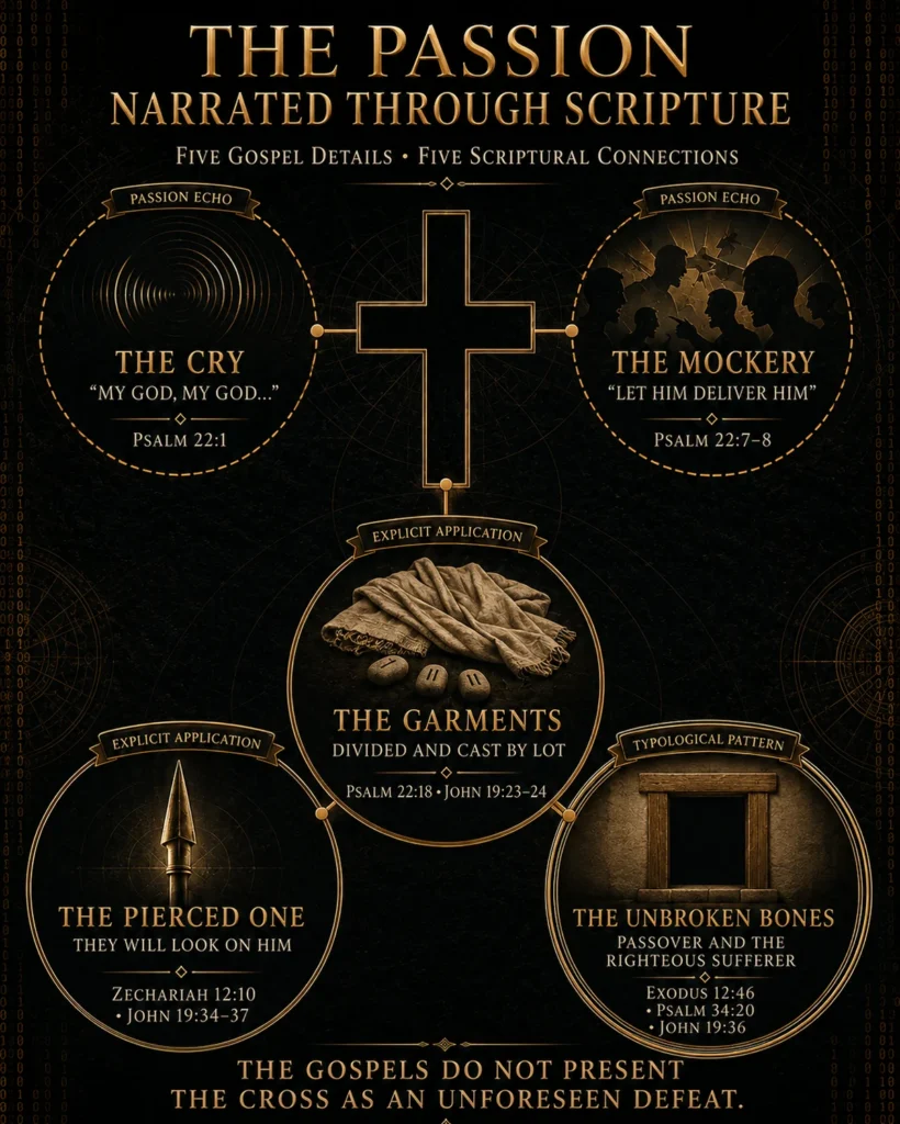 Infographic connecting Jesus’ cry, mockery, divided garments, pierced side, and unbroken bones with Psalm 22, Zechariah 12, Passover, and John 19.