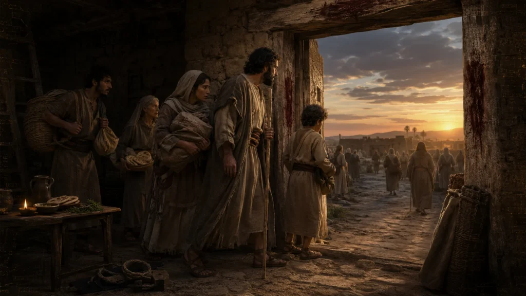 An Israelite household prepared to leave Egypt beneath a blood-marked doorway as other families depart into the dawn.
