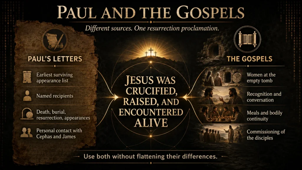 Comparison of Paul’s early resurrection appearance list with the Gospel accounts of the empty tomb, appearances, meals, and commissioning.