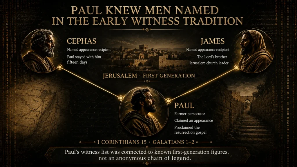Evidence map showing Paul’s direct connections to Cephas and James, named first-generation figures in the early resurrection witness tradition.