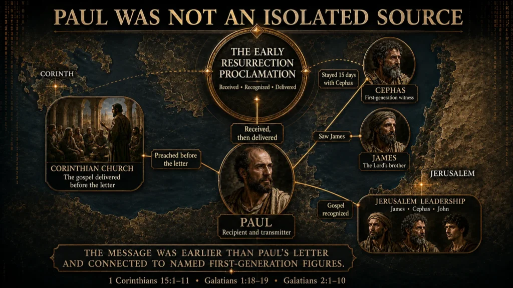 Evidence map connecting Paul with Cephas, James, Jerusalem leaders, the Corinthian church, and the early resurrection proclamation.
