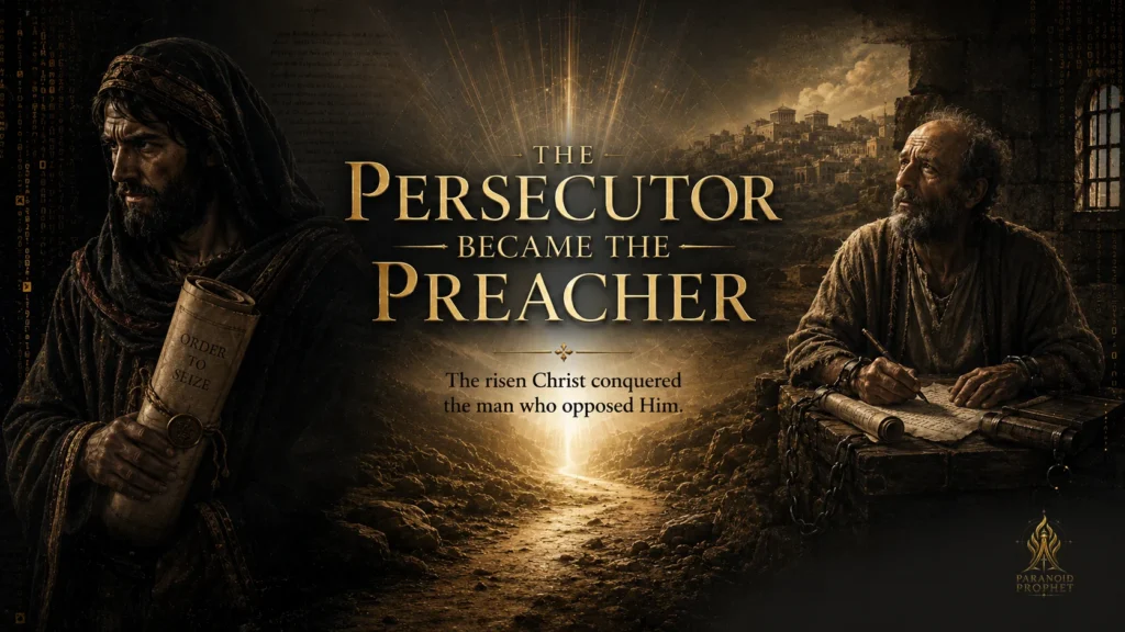 Banner showing Saul in shadow with an arrest order, Christ-centered light breaking over the road to Damascus, and Paul as an older prisoner-witness writing with scrolls and chains.