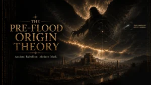 Conceptual illustration of a shadowed rebellious heavenly being above an ancient city, examined through modern UAP tracking imagery for the Pre-Flood Origin Theory.