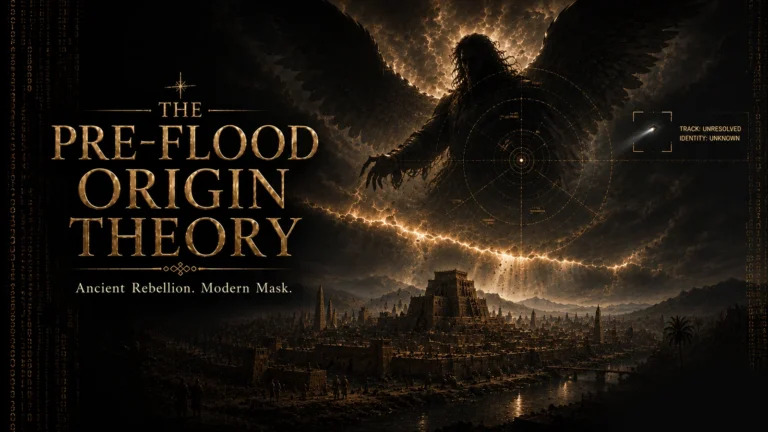 Conceptual illustration of a shadowed rebellious heavenly being above an ancient city, examined through modern UAP tracking imagery for the Pre-Flood Origin Theory.