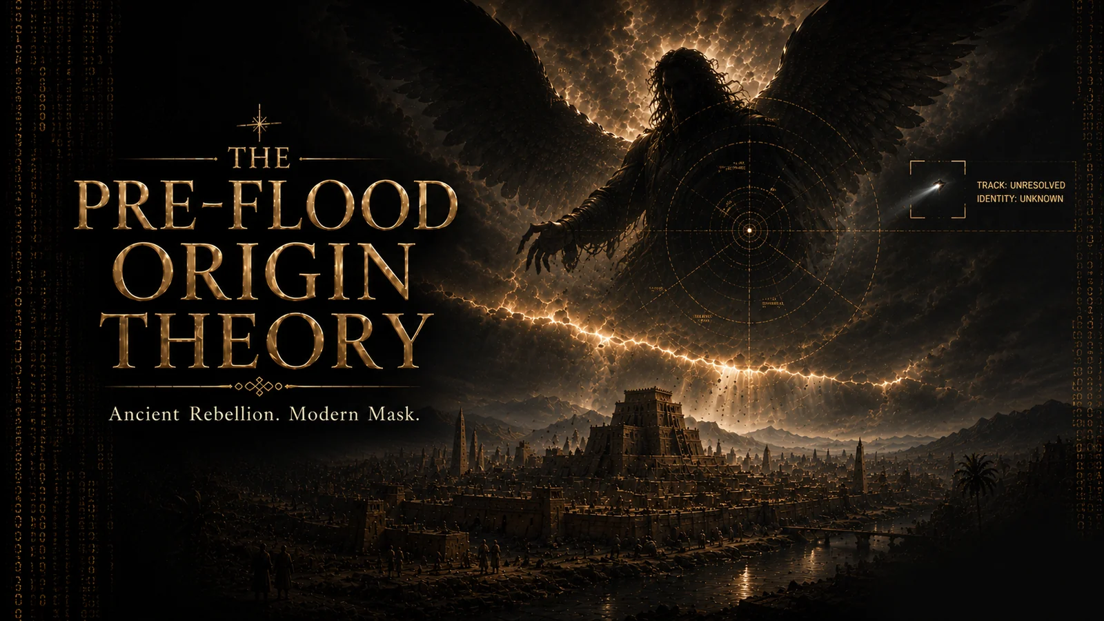 Conceptual illustration of a shadowed rebellious heavenly being above an ancient city, examined through modern UAP tracking imagery for the Pre-Flood Origin Theory.