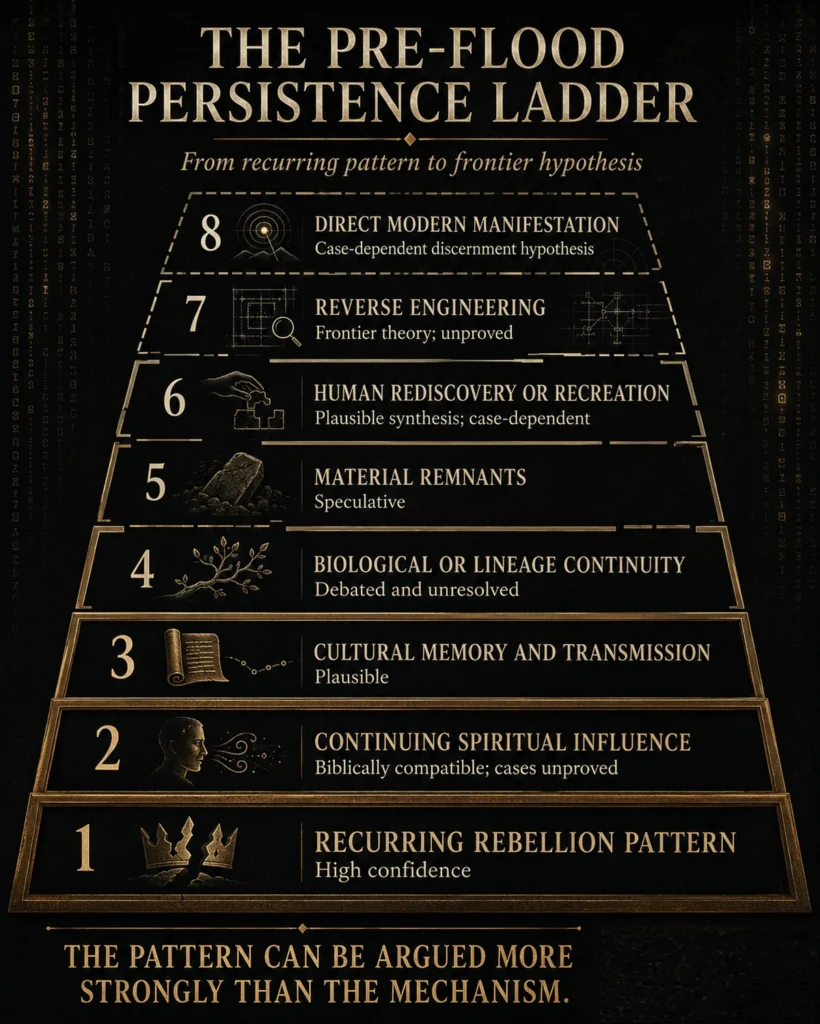Eight-level Pre-Flood Persistence Ladder ranking recurring rebellion, spiritual influence, cultural memory, lineage continuity, material remnants, human recreation, reverse engineering, and modern manifestation by confidence.