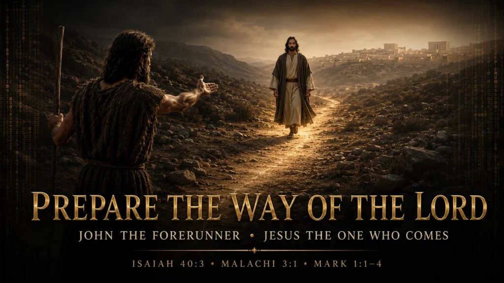 John the Baptist points toward Jesus approaching on a wilderness road, illustrating Isaiah 40:3, Malachi 3:1, and Mark 1:1–4.