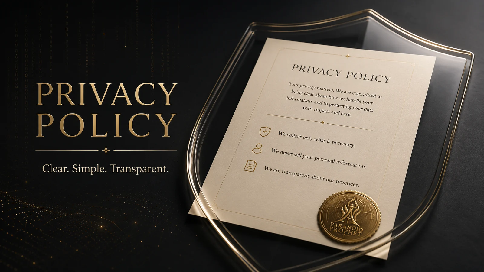 Privacy Policy featured image with a protected document, transparent shield, gold accents, and Paranoid Prophet seal.