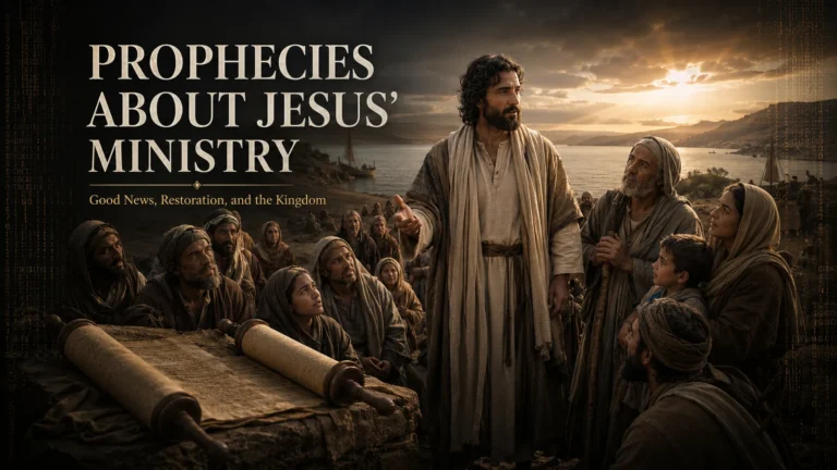 Jesus teaches people beside the Sea of Galilee as an Isaiah scroll symbolizes prophecies about His ministry.