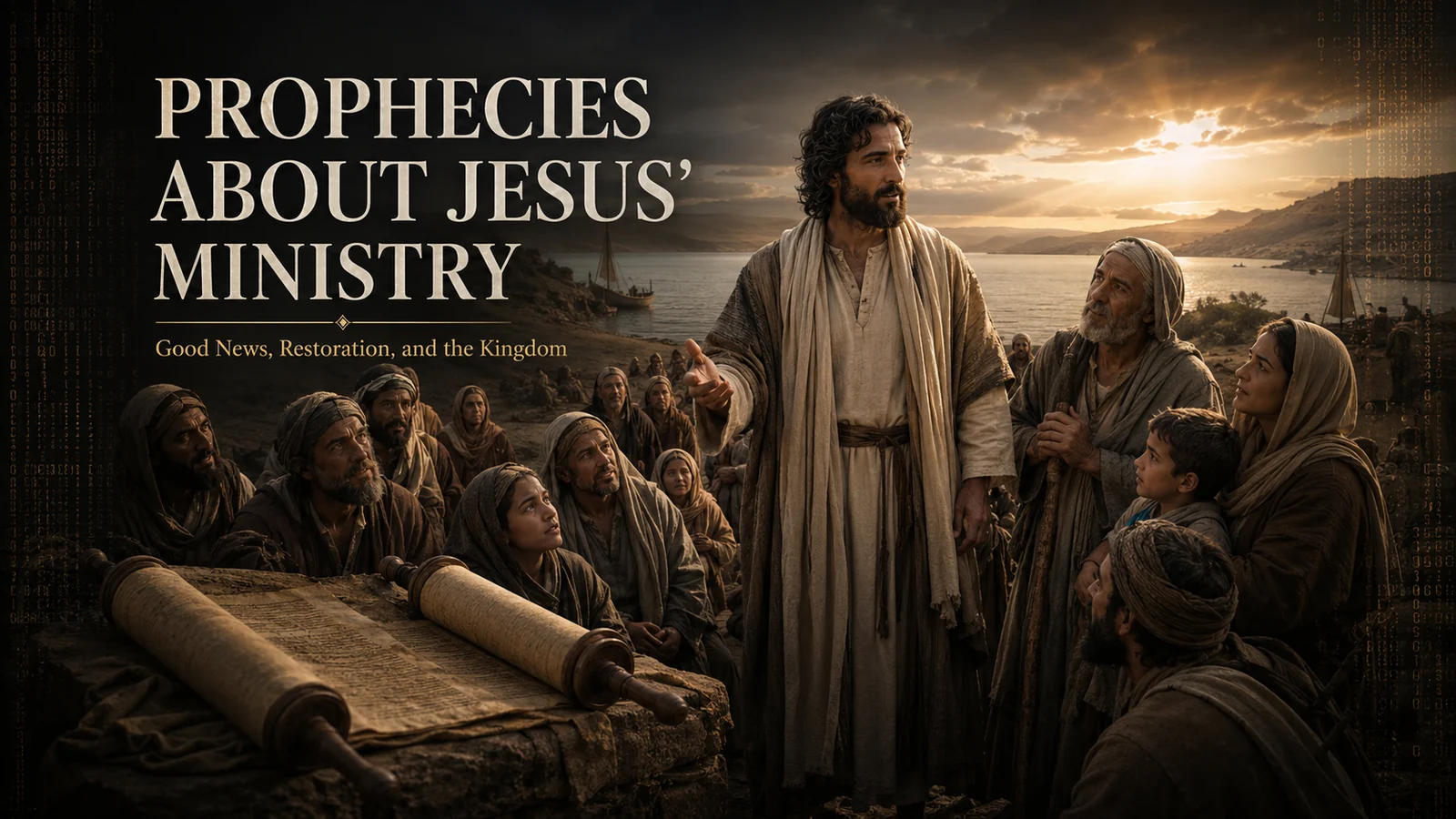 Jesus teaches people beside the Sea of Galilee as an Isaiah scroll symbolizes prophecies about His ministry.
