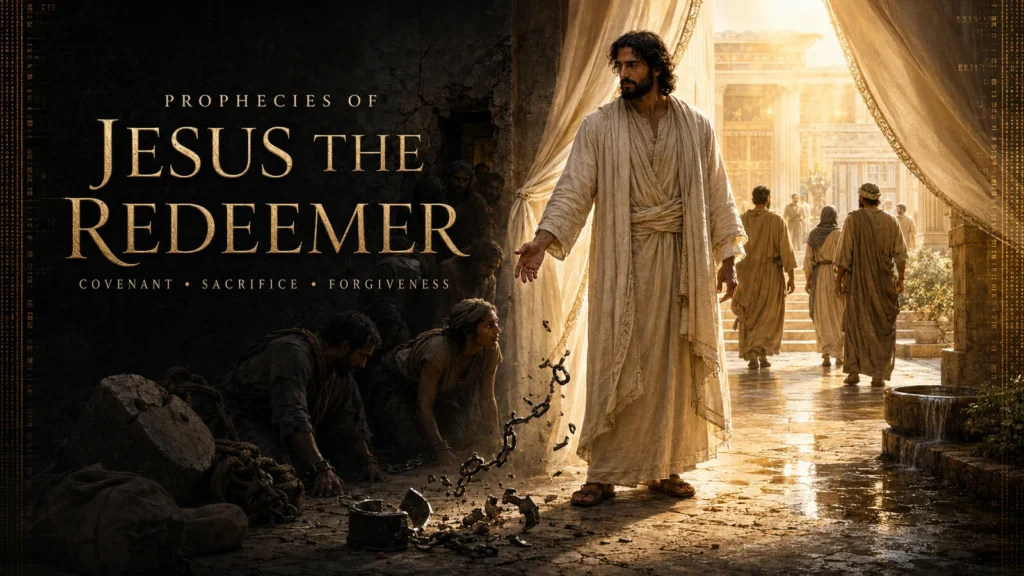 Jesus Christ standing between people in bondage and an opened way into God’s presence as chains break at His feet.