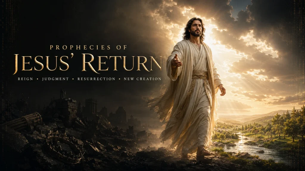 Jesus Christ returning in glory between the ruins of fallen kingdoms and a renewed creation, illustrating His reign, judgment, resurrection, and final victory over death.