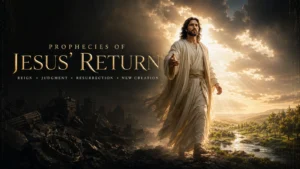 Jesus Christ returning in glory between the ruins of fallen kingdoms and a renewed creation, illustrating His reign, judgment, resurrection, and final victory over death.