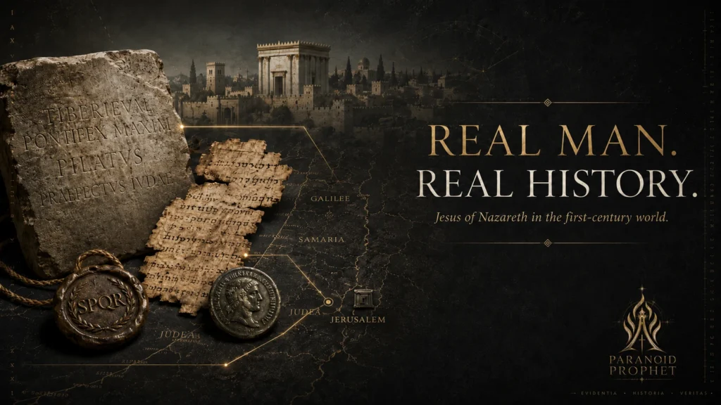 Black and gold Christian editorial image showing ancient manuscripts, Roman evidence, Judea and Galilee map details, and the title Real Man Real History for Jesus of Nazareth in the first-century world.